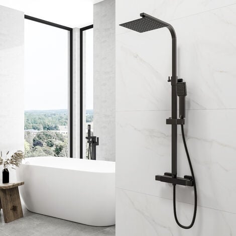 Acezanble Bathroom Thermostatic Mixer 200mm Square Shower Head Matte Black Twin Head Exposed Set