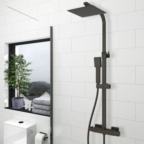 Acezanble Bathroom Thermostatic Mixer 200mm Square Shower Head Matte Black Twin Head Exposed Set