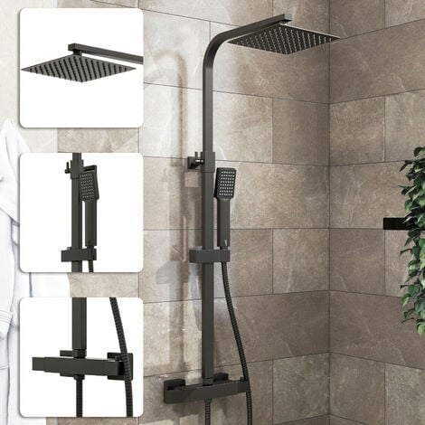 Acezanble Thermostatic Mixer Shower Square Black With Dual Head Rainfall Head Handset Bathroom