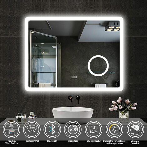 Illuminated Bluetooth Led Bathroom Mirror with Shaver Socket Demister Pad Backlit Wall Mounted,Magnifying Mirror Touch Switch Wall Switch 3 Colors Dimmable Brightness Memory Function 800x600mm
