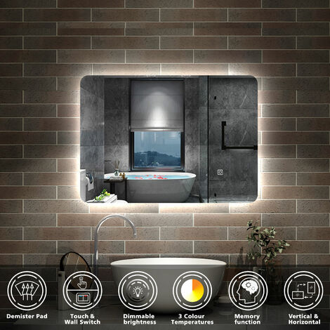 Illuminated Led Bathroom Mirror with Demister Pad Backlit Wall Mounted,Touch Switch Wall Switch 3 Colors Dimmable Brightness Memory Function Vertical/Horizontal 500x700mm