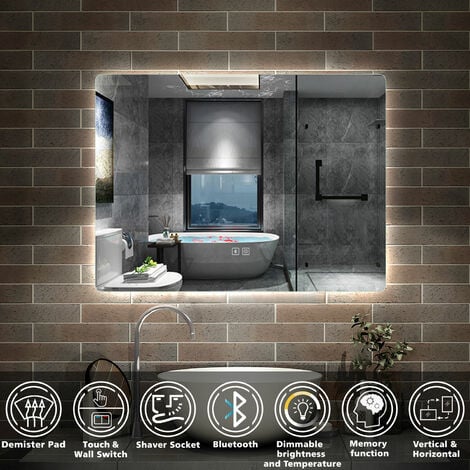 Illuminated Bluetooth Led Bathroom Mirror with Shaver Socket Demister Pad Backlit Wall Mounted Mirrors,Touch Switch Wall Switch 3 Colors Dimmable Brightness Memory Function 800x600mm