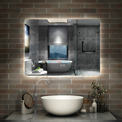 Illuminated Bluetooth Led Bathroom Mirror with Shaver Socket Demister Pad Backlit Wall Mounted Mirrors,Touch Switch Wall Switch 3 Colors Dimmable Brightness Memory Function 800x600mm