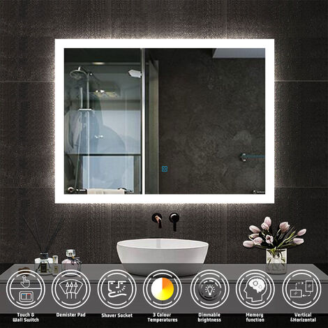 Acezanble 600x800mm Bathroom Mirror with Shaver Socket, Wall Mounted LED Mirror with 3 Colors Lighting Modes, Dimmable & Demister, Horizontal / Vertical