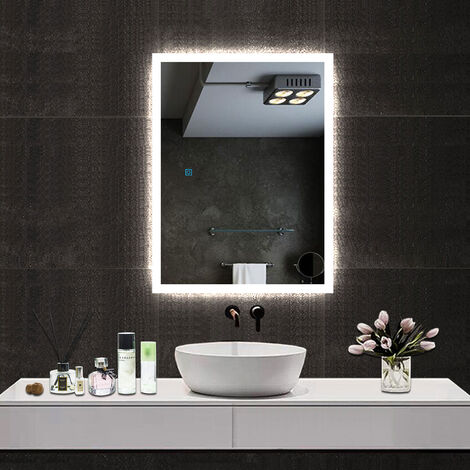 Acezanble 600x800mm Bathroom Mirror with Shaver Socket, Wall Mounted LED Mirror with 3 Colors Lighting Modes, Dimmable & Demister, Horizontal / Vertical