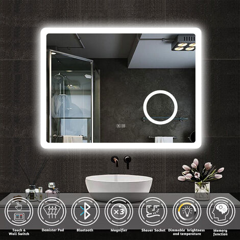 Acezanble Bathroom Mirror with Shaver Socket, Wall Mounted LED Bluetooth Bathroom Mirror with 3 Colors Lighting Modes, Dimmable & Demister & Magnifying, 900x700mm Horizontal / Vertical
