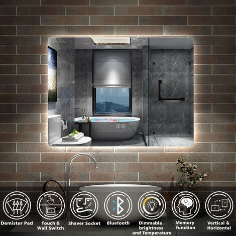 Acezanble Bathroom Mirror with Shaver Socket, Wall Mounted LED Bluetooth Mirror with 3 Colors Lighting Modes, Dimmable & Demister, 500x700mm Horizontal / Vertical
