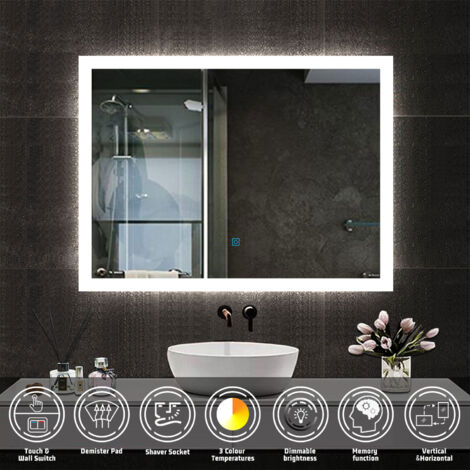 Bathroom LED Mirror with Shaver Socket, Wall Mounted LED Mirror with 3 Colors Lighting Modes, Dimmable & Demister, 600x800mm Horizontal / Vertical