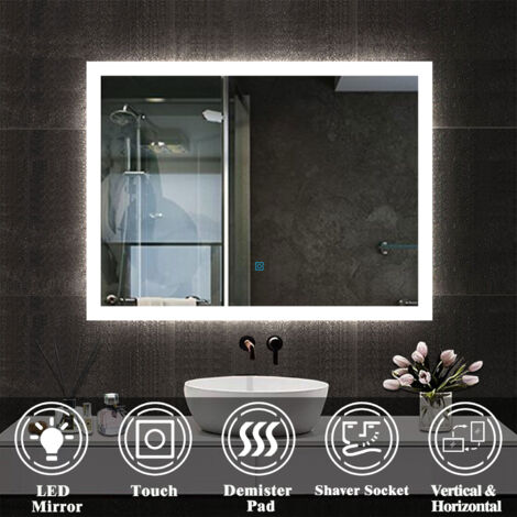 Bathroom LED Mirror with Shaver Socket, Wall Mounted LED Mirror, Dimmable & Demister, 600x800mm Horizontal / Vertical