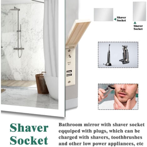 1200 x 700mm Bathroom Illuminated LED Mirror with Demister Pad + Shaver Socket 3 Color Lights Dimmable Wall Mounted Bathroom Makeup Mirror Touch Sensor
