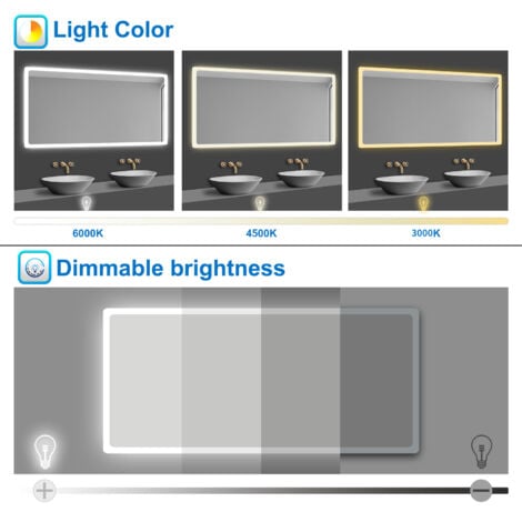 1200 x 700mm Bathroom Illuminated LED Mirror with Demister Pad + Shaver Socket 3 Color Lights Dimmable Wall Mounted Bathroom Makeup Mirror Touch Sensor