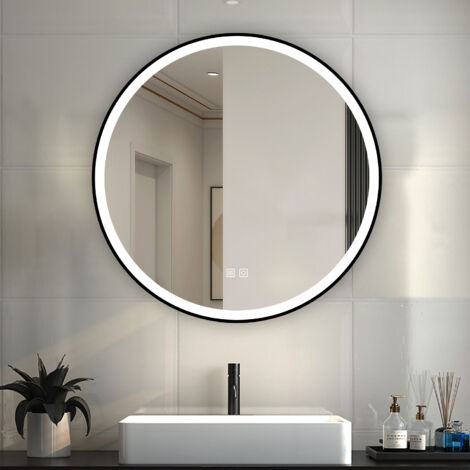 Round Bathroom LED Mirrors with Black Framed, Bathroom Mirror with 3 Colors Lights, Dimmable & Demister, Brightness Memory Function / Wall Switch / Touch Switch 800mm
