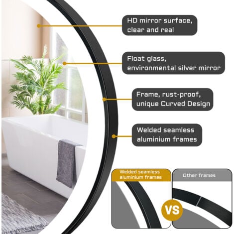 Round Bathroom LED Mirrors with Black Framed, Bathroom Mirror with 3 Colors Lights, Dimmable & Demister, Brightness Memory Function / Wall Switch / Touch Switch 800mm