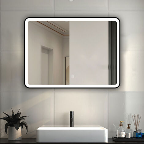 Bathroom LED Mirrors with Black Framed, Bathroom Mirror with 3 Colors Lights, Dimmable & Demister, Brightness Memory Function / Wall Switch / Touch Switch 900x700mm Horizontal / Vertical