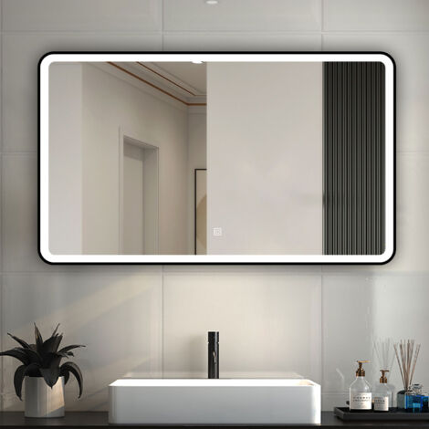 Bathroom LED Mirrors with Black Framed, Bathroom Mirror with 3 Colors Lights, Dimmable & Demister, Brightness Memory Function / Wall Switch / Touch Switch 1000x600mm Horizontal / Vertical