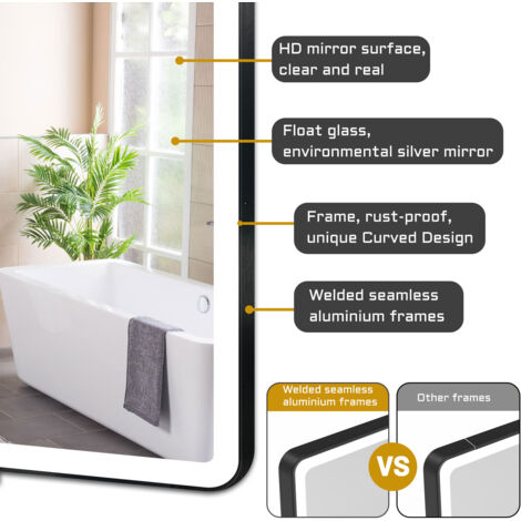 Bathroom LED Mirrors with Black Framed, Bathroom Mirror with 3 Colors Lights, Dimmable & Demister, Brightness Memory Function / Wall Switch / Touch Switch 1000x600mm Horizontal / Vertical