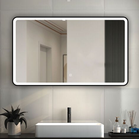Bathroom LED Mirrors with Black Framed, Bathroom Mirror with 3 Colors Lights, Dimmable & Demister, Brightness Memory Function / Wall Switch / Touch Switch 1200x700mm Horizontal / Vertical