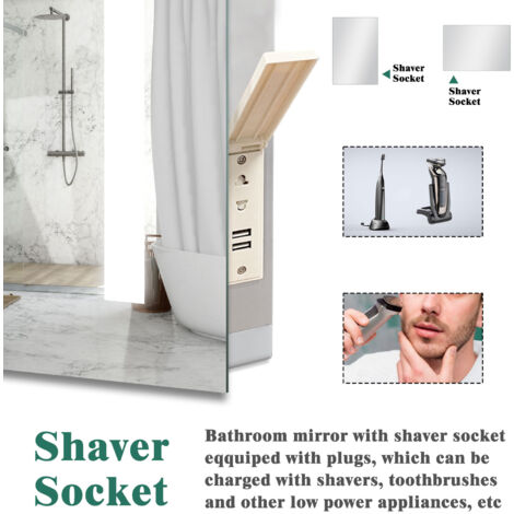 Bathroom LED Mirrors with Shaver Socket, Bathroom Mirror with 3 Colors Lights, Dimmable & Demister, Brightness Memory Function / Wall Switch / Touch Switch 500x700mm Horizontal / Vertical