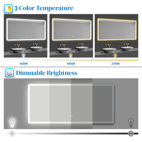 Acezanble LED Bathroom Wall Mirrors with Bluetooth, Adjustable Colors, Anti-Fog, 6500K Cool White Light + 4600K Warm White Light + 2700K Warm Light 160x80cm