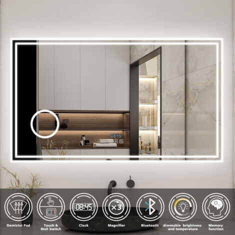 Acezanble Bathroom LED Mirror with Bluetooth Speaker, 3 Colors Lighting Modes, Color Changing, Demister Pad Anti-fog, Magnifying, Clock, Touch Switch Illuminated Smart Wall Vanity Mirror, 100x60cm