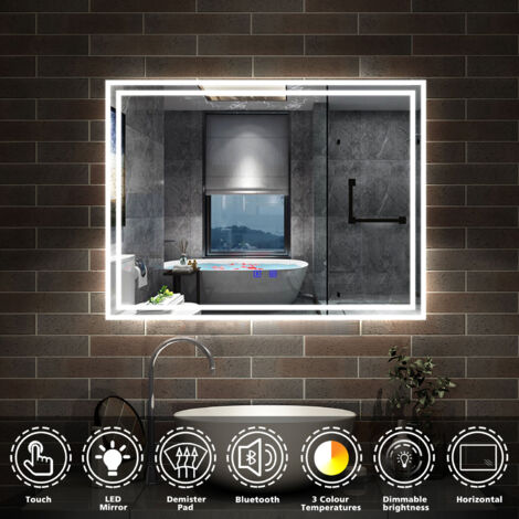 Acezanble Bathroom LED Mirror with Bluetooth Speaker, 3 Colors Lighting Modes, Color Changing, Demister Pad Anti-fog, Touch Switch Illuminated Smart Wall Vanity Mirror, 80x60cm