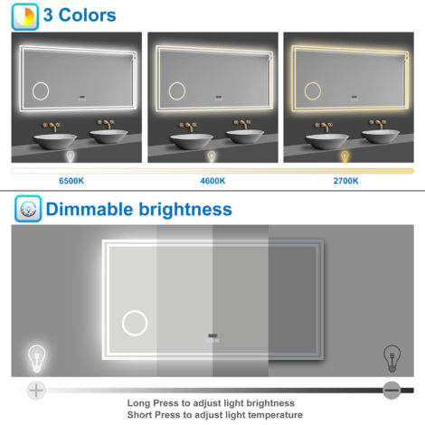 Acezanble Bathroom LED Mirror with Bluetooth Speaker, 3 Colors Lighting Modes, Color Changing, Demister Pad Anti-fog, Magnifying, Clock, Touch Switch Illuminated Smart Wall Vanity Mirror, 120x70cm