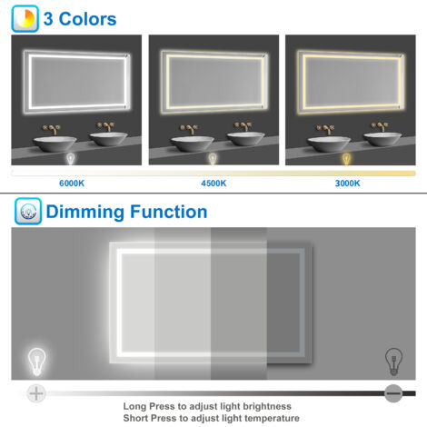 Acezanble LED Bathroom Mirror 1500 x 800 mm, 3 Colors Lighting Modes Dimmable Illuminated Bathroom Mirror with Demister Pad, Adjustable Brightness, Horizontal/Vertical