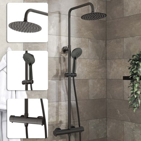 Acezanble Bathroom Thermostatic Mixer Shower Set Round Matte Black Twin Head Exposed Valve