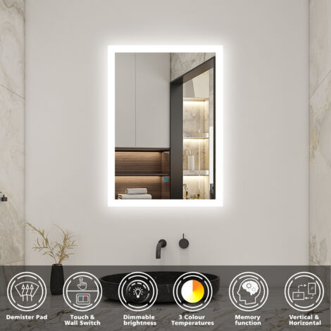 Acezanble Bathroom Mirror with 3 Colour LED Lights, 900x700mm Dimmable Illuminated Wall Mirror with Desmister, Touch, Brightness Memory, 3000K-6000K