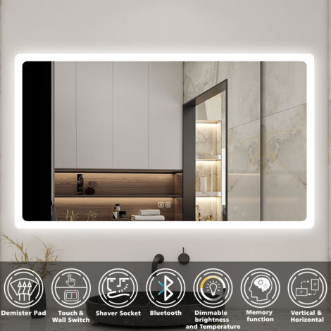 Acezanble Bluetooth Bathroom Mirror with Shaver Socket, 3 Colour LED Lights, 1200x700mm Dimmable Illuminated Wall Mirror with Desmister, Touch, Brightness Memory, 3000K-6000K