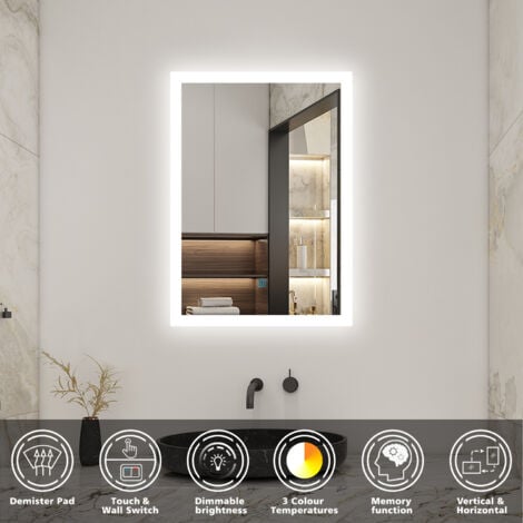 Acezanble Bathroom Mirror with 3 Colour LED Lights, 500x700mm Dimmable Illuminated Wall Mirror with Desmister, Touch, Brightness Memory, 3000K-6000K