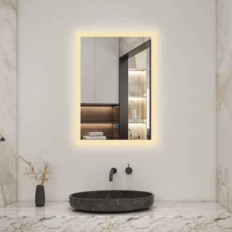 Acezanble Bathroom Mirror with 3 Colour LED Lights, 500x700mm Dimmable Illuminated Wall Mirror with Desmister, Touch, Brightness Memory, 3000K-6000K