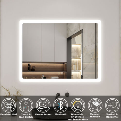 Acezanble Bluetooth Bathroom Mirror with Shaver Socket, 3 Colour LED Lights, 800x600mm Dimmable Illuminated Wall Mirror with Desmister, Touch, Brightness Memory, 3000K-6000K