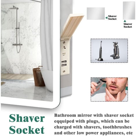 Acezanble Illuminated Bluetooth Bathroom Mirror with Shaver Socket, 3 Colour LED Lights, 1200x700mm Dimmable Wall Mirror with Desmister, Touch, Brightness Memory, 3000K-6000K