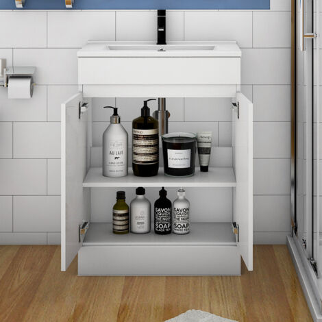 500mm Bathroom Vanity Unit With Wash Basin Ceramic Sink, 2 Double Door, High Gloss White, Cloakroom Storage Furniture Under Basin Cabinet, Floorstanding Cabinets