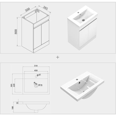 500mm Bathroom Vanity Unit With Wash Basin Ceramic Sink, 2 Double Door, High Gloss White, Cloakroom Storage Furniture Under Basin Cabinet, Floorstanding Cabinets
