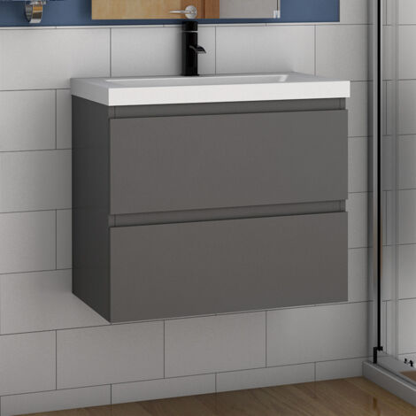 800mm Bathroom Vanity Unit With Wash Basin Ceramic Sink, 2 Drawers, High Gloss Grey, Cloakroom Storage Furniture Under Basin Cabinet, Wall Hung Cabinets (1/4)