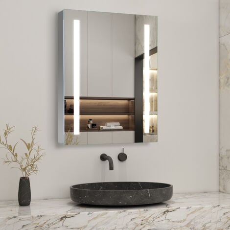 Bathroom Mirror Cabinet with LED Lights, 450x600mm Illuminated LED Bathroom Mirror Cabinet with Shaver Socket Dimmable Switch 3 Colors and Demister Pad