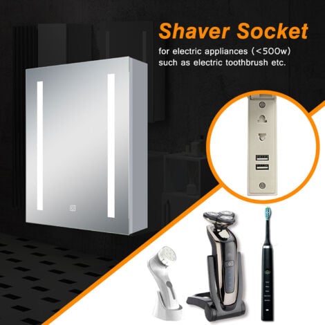 Bathroom Mirror Cabinet with LED Lights, 450x600mm Illuminated LED Bathroom Mirror Cabinet with Shaver Socket Dimmable Switch 3 Colors and Demister Pad