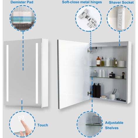 Bathroom Mirror Cabinet with LED Lights, 450x600mm Illuminated LED Bathroom Mirror Cabinet with Shaver Socket Dimmable Switch 3 Colors and Demister Pad