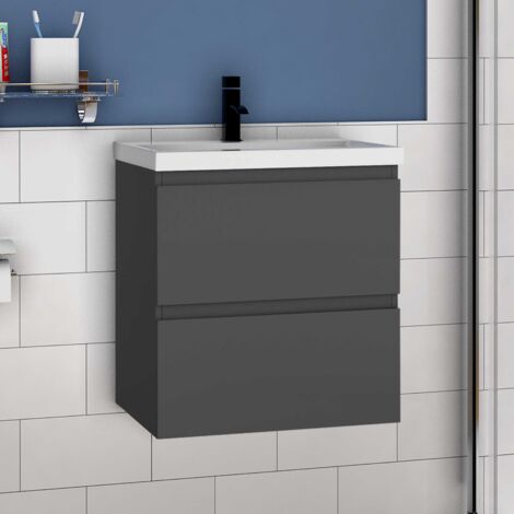 500mm Bathroom Vanity Unit With Wash Basin Ceramic Sink, 2 Drawers, High Gloss Grey, Cloakroom Storage Furniture Under Basin Cabinet, Wall Hung Cabinets