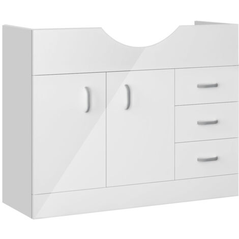 Acezanble Under Sink Bathroom Storage Cabinet High Gloss White Vanity Unit Free Standing Furniture Cupboard with 3 Drawers, 2 Doors, Shelf and Handles, 1030x340x781mm