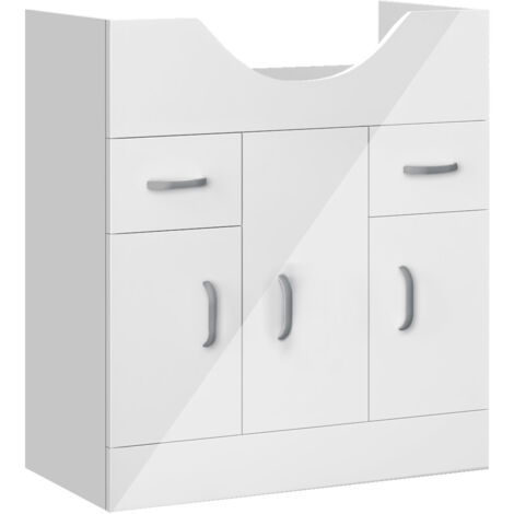 Acezanble Under Sink Bathroom Storage Cabinet High Gloss White Vanity Unit Free Standing Furniture Cupboard with 2 Drawers, 3 Doors, Shelf and Handles, 725x340x781mm