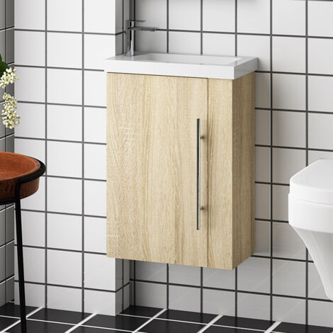 Acazanble Bathroom Vanity Unit with basin Cloakroom Base Cabinet Wall Hung Cupboard Storage Furniture, Soft Close Doors, Oak, 440mm (1/5)