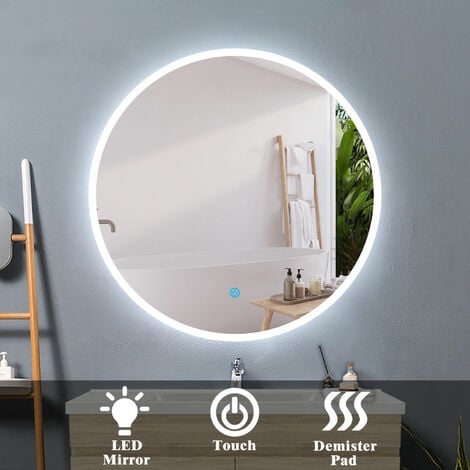 Acezanble 80cm round mirror, anti-fog bathroom mirror, touch switch, vertical LED mirror
