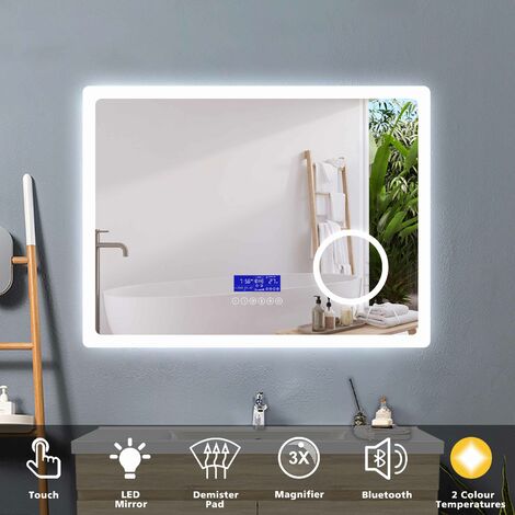 Acezanble bathroom mirror 80x60cm + 2 adjustable LED colors + anti-fog + LCD panel (Touch, Bluetooth speaker, Clock, Date, Temperature) + Magnifying mirror