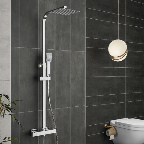 Acezanble Bathroom Thermostatic Mixer Shower Set All Square Chrome Twin Head Exposed Valve