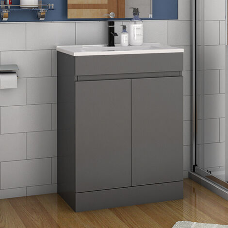 Acezanble 600mm Bathroom Vanity Units with Basin Cabinet Storage Sink Unit Floor Cabinet with 2 Doors Grey