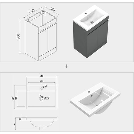 500mm Free Standing 2 Doors Bathroom Vanity Unit with Sink Basin,Matte Grey - Resin Basin