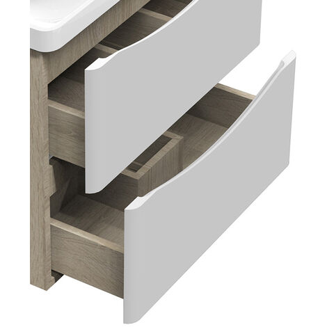 600mm Wall Hung Design Bathroom with Single Tap Hole Resin Basin Oak Body + 2 Matte White Drawers